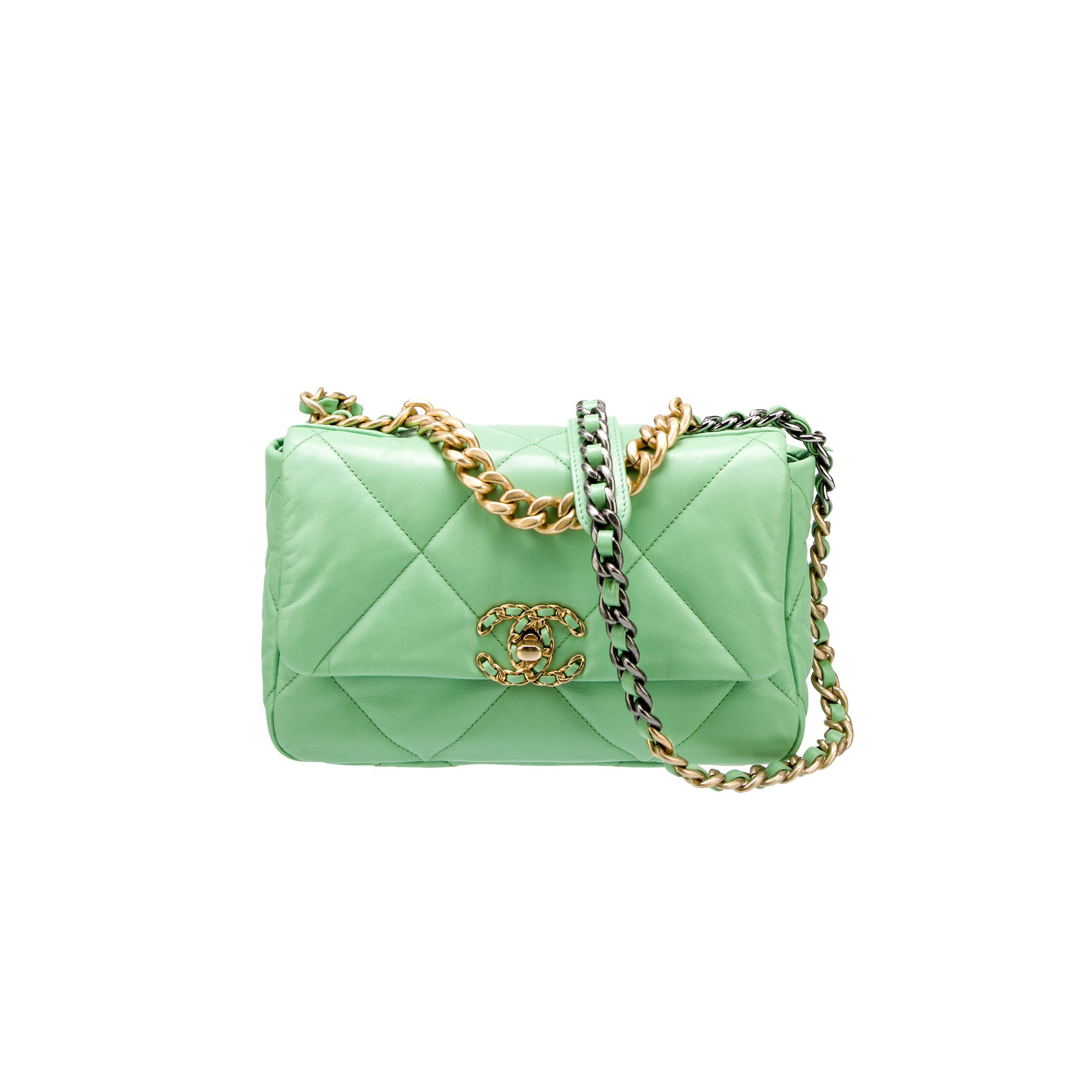 Ch*el green quilted lambskin Ch*el 19 flap gold and ruthenium hardware as1160 (26*16*9cm)